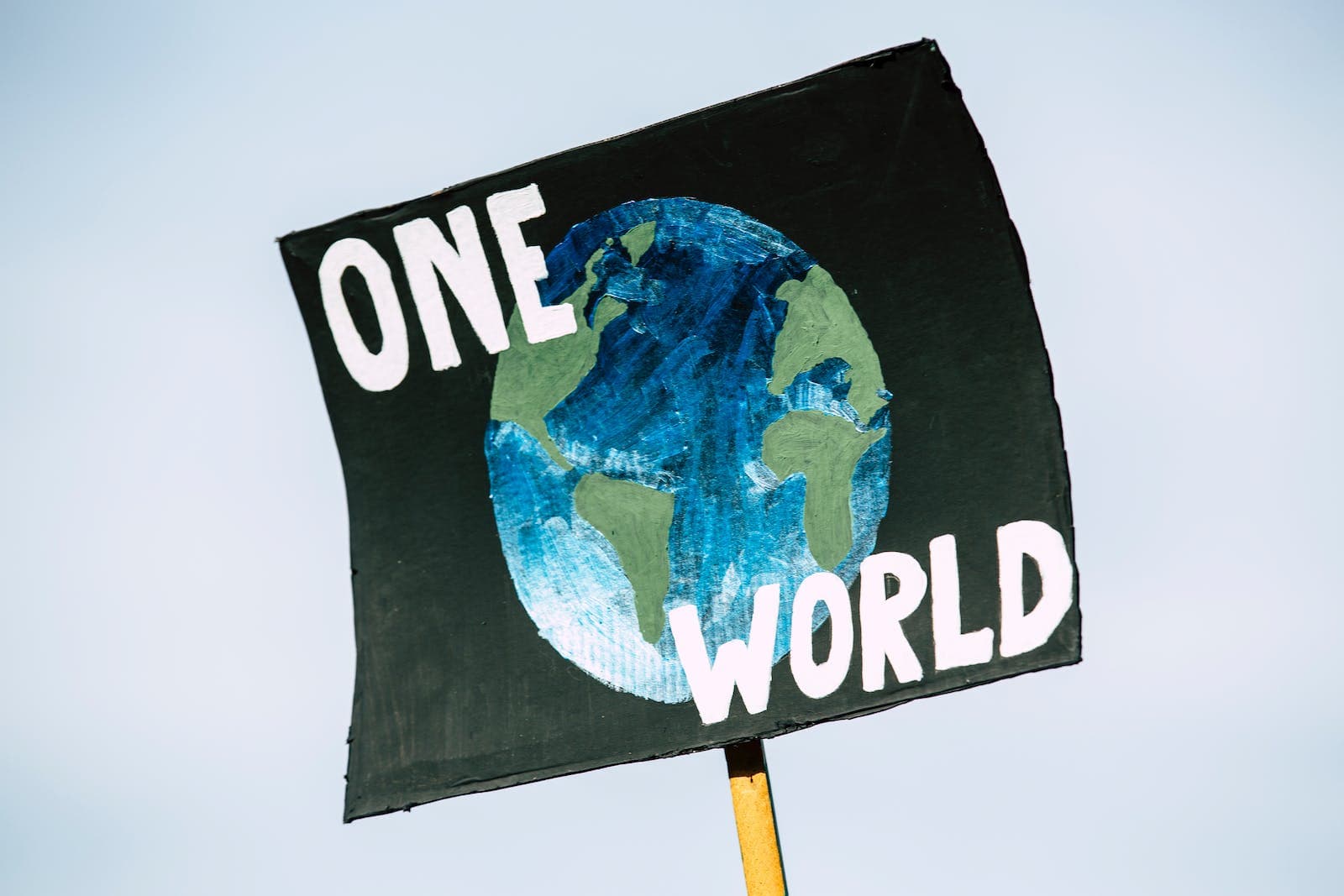 photo of activist, banner, blue, stating: one world