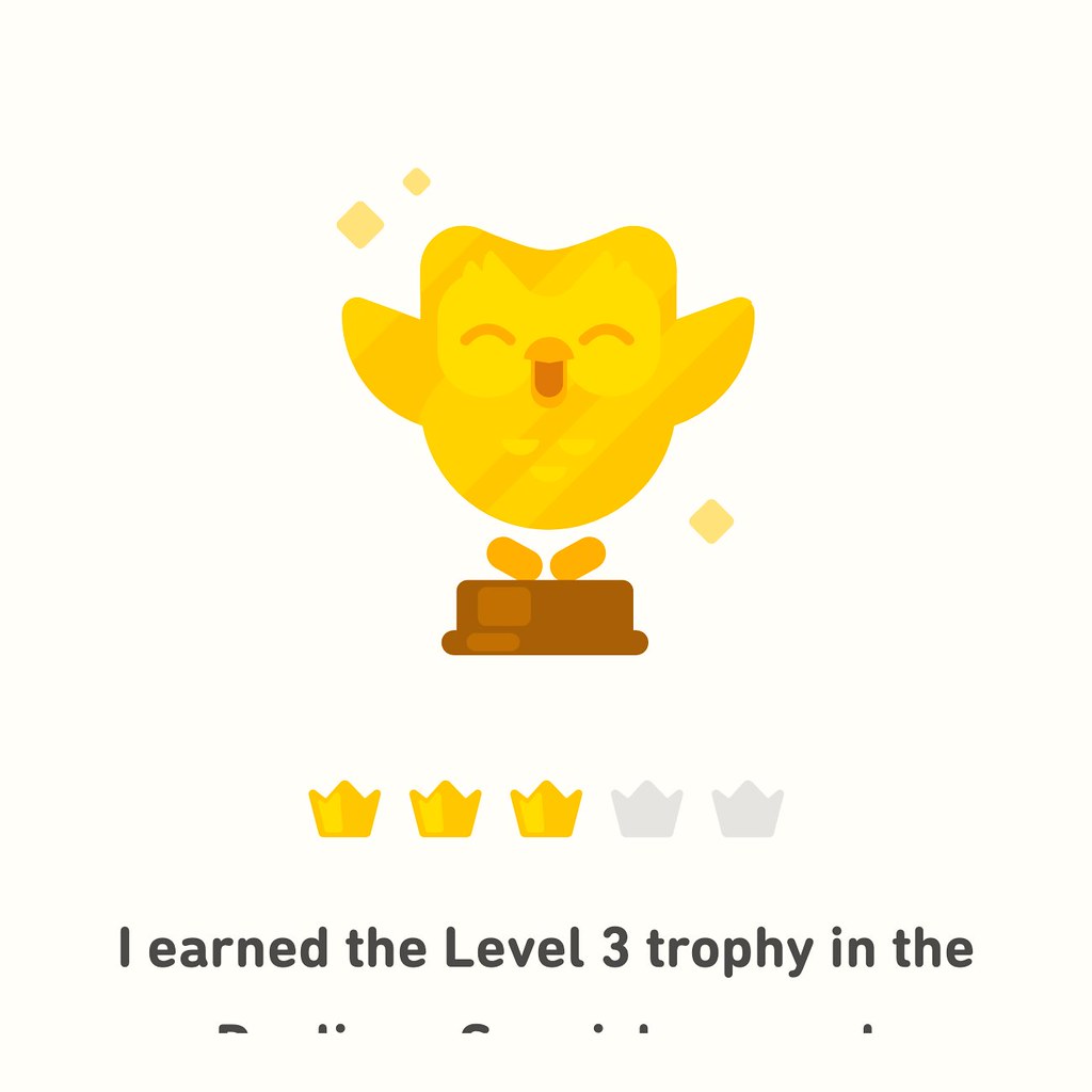 A screencapture of someone who reached Duolingo Level 3 Throphy