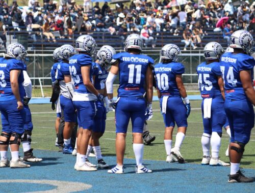 A group of football players standing on the field