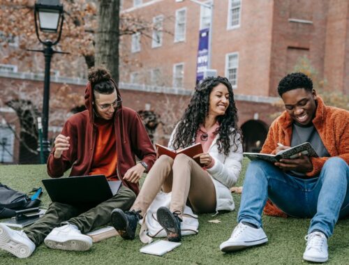 A diverse group of happy students sitting on a grassy university lawn, using notebooks and a laptop while studying together.